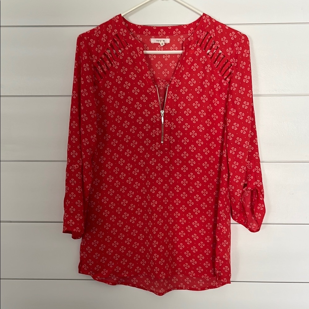 Maurices Coral Zip Front Blouse Relaxed 3/4 Sleeves